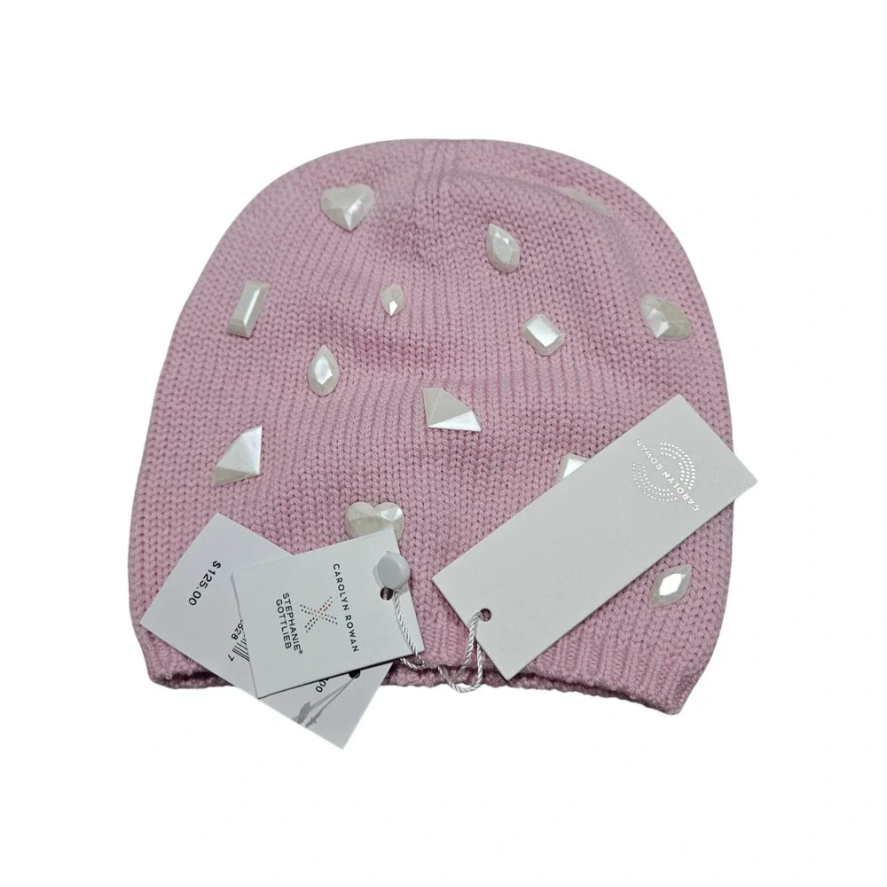 Carolyn Rowan Beanie Kids OS Pink Merino Wool Pearl Cabochon Luxury Winter Hat